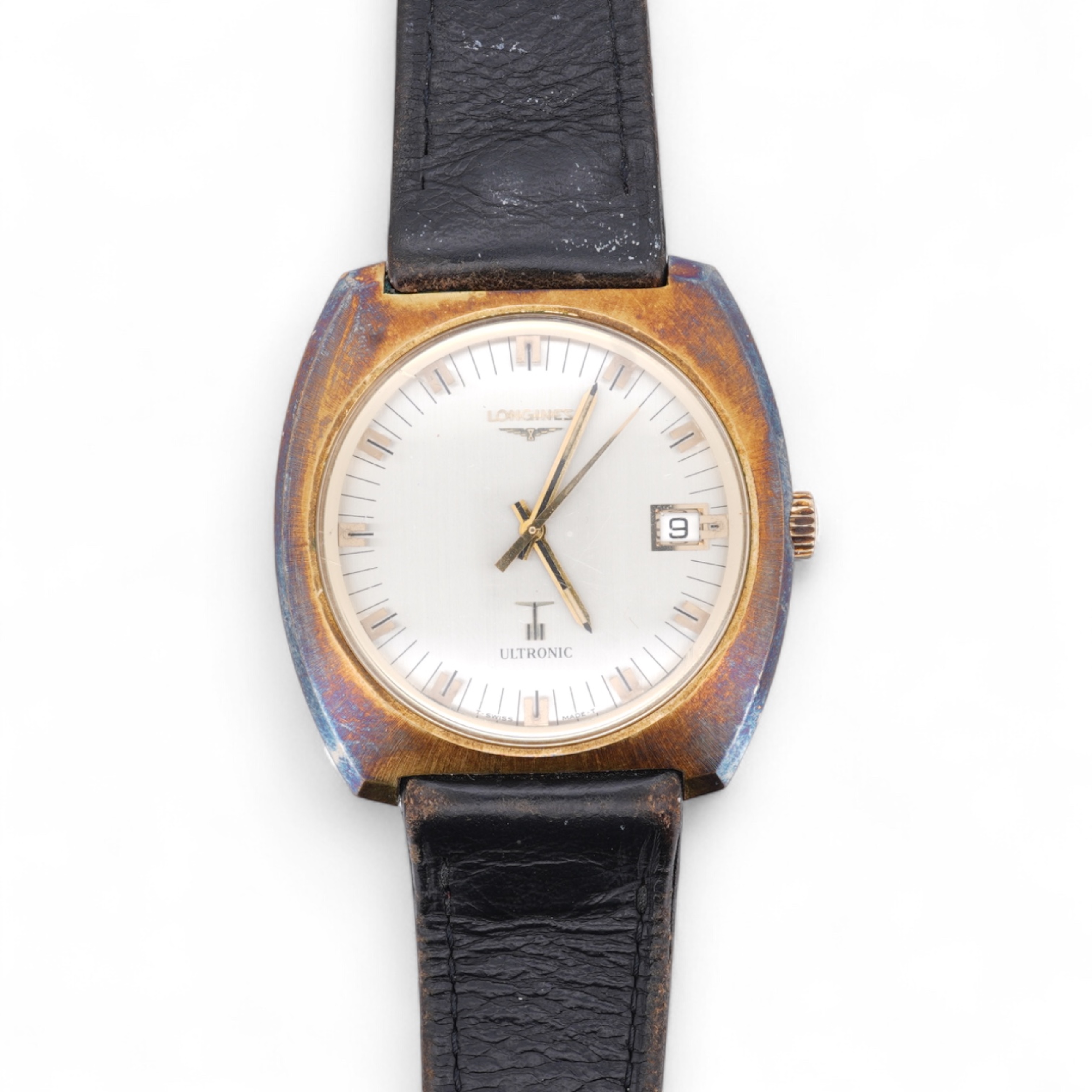 A gentleman's circa 1970'sstell and gilt Longines Ultronic quartz wrist watch, with block numerals and date aperture, movement c. 6312, case diameter 40mm, on an associated leather strap, np box or papers.